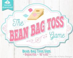 the bean bag toss game is displayed on a white wooden background with pink and blue accents