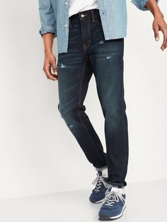 "Our Relaxed Slim Taper Jeans have a modern fit, with a little more room up top & a slim leg opening.  Don't sacrifice style for comfort -- get both.  Contoured waistband, with button closure and built-in belt loops.  Zip fly.  Riveted scoop pockets Everyday Denim Bottoms With Pockets, Everyday Dark Wash Bottoms With Pockets, Dark Wash Relaxed Fit Tapered Jeans, Slim Fit Tapered Leg Denim Jeans, Men’s Dark Wash Jeans Outfit, Relaxed Tapered Jeans Men, Slim Fit Washed Blue Jeans, Repair Jeans, Rockstar Jeans