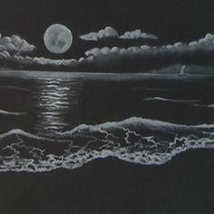 a drawing of the ocean with clouds and a full moon