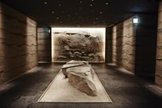 a large rock sitting on top of a rug in a room