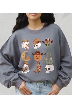 WESTERN COUNTRY HALLOWEEN UNISEX FLEECE SWEATSHIRT,GRAPHIC TEE,GRAPHIC TSHIRTS,TSHIRTS,TEES50%COTTON,50%POLYESTER Size Measurement (inch): S: 38.0 (Bust), 20.0 (Waist), 20.0 (Hips), 27.0 (Length) M: 42.0 (Bust), 22.0 (Waist), 22.0 (Hips), 28.0 (Length) L: 46.0 (Bust), 24.0 (Waist), 24.0 (Hips), 29.0 (Length) XL: 50.0 (Bust), 26.0 (Waist), 26.0 (Hips), 30.0 (Length) Oversized Sweatshirt With Character Print And Long Sleeves, Oversized Long Sleeve Sweatshirt With Character Print, Oversized Casual Sweatshirt With Character Print, Fall Cartoon Print Sweatshirt For Streetwear, Fall Cartoon Print Streetwear Sweatshirt, Fall Streetwear Sweatshirt With Cartoon Print, Oversized Fall Sweatshirt With Character Print, Gray Sweater With Graphic Print For Fall, Casual Gray Sweatshirt With Cartoon Print