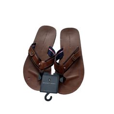 New Unworn Tommy Hilfiger Leather Sandals With Round Toe, Polo Slides, Tommy Hilfiger Slides, Brown Leather Flip Flops, Brown Polo, Hilfiger Shoes, Tommy Hilfiger Shoes, Leather Thong Sandals, Leather Flip Flops