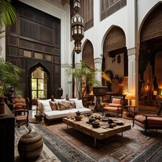 a living room filled with lots of furniture and plants on top of a wooden table