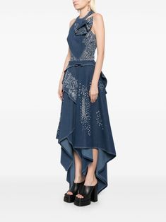 Polka Dot Embroidery, Dot Embroidery, Saiid Kobeisy, Embroidered Bow, Blue Denim Dress, Denim Maxi Dress, Layered Dress, Denim Maxi, City Dress