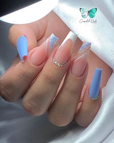 Blue And White Nails, Love Pattern, Coffin Press On Nails, Fake Nails With Glue, Nails French, Gel Manicure, Long Acrylic Nails