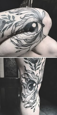 two pictures with different tattoos on them, one showing an eye and the other shows flowers