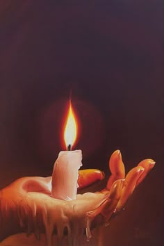 a painting of a hand holding a lit candle