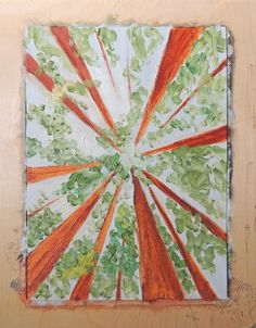 an abstract painting with orange and green leaves on it's edges, in the middle of a square