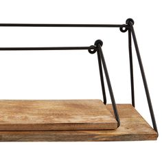 a wooden shelf with two metal bars on the top and one is holding a piece of wood