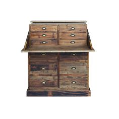 an old wooden desk with drawers on top and metal knobs in the bottom drawer