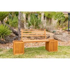 a wooden bench sitting on top of a lush green field next to a palm tree