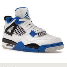 Jordan 4 Retro (Motorsports) .. 2017 Size 10 White/Varsity Blue/Black The Shoes Are In Great Condition But Do Have A Few Creases. Shoes Jordan, School Clothes, Jordan 4 Retro, Swag Shoes, Jordans For Men, School Outfits, Jordan Shoes, Motorsport, White Blue