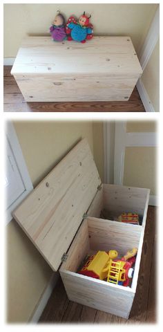 two pictures of a toy chest with toys in it