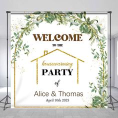 welcome to the housewarming party sign with greenery and gold foil on it