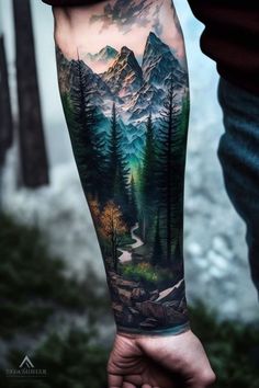 Tattoo Ideas For Men Men Nature Tattoo Ideas, Nature Mountain Tattoo, Scenery Tattoos For Men, Men’s Leg Sleeve Tattoo Ideas, Mountain Leg Tattoo, Arm Tattoo Wolf, Mens Mountain Tattoo, Forest Leg Tattoo, Outdoors Tattoo For Men