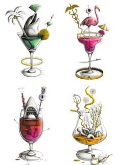 four different colored cocktails with flamingos and other things in them on white background