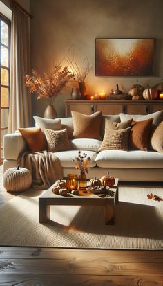 A warm, autumn-themed living room with a beige sectional sofa and cozy throw draped over the arm. The coffee table is adorned with seasonal decorations. Light enhances the room's cozy ambiance. Cognac Living Room Color Schemes, Taupe And Orange Living Room, Tan Living Room Furniture, Living Room Hygge Style, Caramel Living Room, Boho Living Room Brown Couch, Autumn Inspired Living Room, Neutral Living Room Wall Color