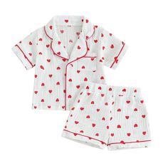 Fall in love with our HEARTS Muslin Pyjamas for baby girls! Featuring a playful hearts pattern, these pyjamas are perfect for Valentine's Day, or keeping cool and comfortable in the summer. Designed for your little sweetheart, these pyjamas are a must-have! Cute Printed Cotton Sleepwear, Cute Printed Sets For Pajama Party, Sweet Cotton Sleepwear For Pajama Party, Playful Printed Cotton Sleepwear, White Cotton Pajama Party Sets, Red Bedtime Sets For Spring, Matching Sets For Spring Pajama Party, Cute Red Cotton Sleepwear, Cute Printed Loungewear Sets