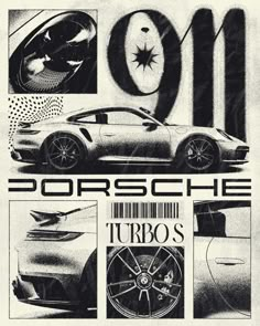 an advertisement for the porsche turbo's in black and white, with images of sports cars