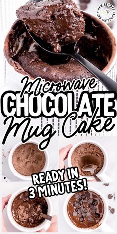 chocolate mug cake recipe with text overlay that reads microwave chocolate mug cake ready in 3 minutes