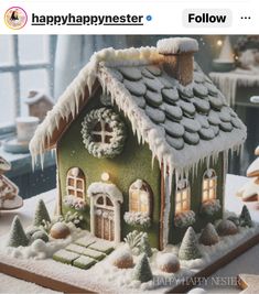 a gingerbread house with icing on it