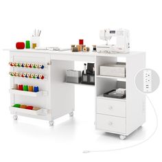 a sewing machine and desk with various items on the shelves, including thread spools