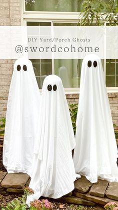 three white ghost statues sitting in front of a window with the words diy yard / porch ghost @ swordcohome