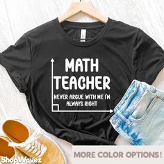 Math Teacher Shirts, Gifts for Math Teacher - Our shirt options feel soft and comfortable made from cotton (heather colors also contain polyester).  - Soft t-shirts with quality shirt print - Fast customer service - We are here to help answer any questions! - Many different color and size options SIZING INFO Our unisex tees have a regular t-shirt fit. Width and length measurements for all sizes can be seen in the size chart images. If you prefer a looser fit we suggest 1 size up. Product measure Basic Everyday Pre-shrunk Shirt, Black T-shirt With Funny Text For School, Cotton School Shirt With Text Print, Everyday Black Shirt With Letter Print, Cotton Short Sleeve Shirt With Funny Text, Cotton Text Print Shirt For School, Basic Cotton Shirt With Funny Text, Black Text Print Shirt For School, Everyday Black Pre-shrunk Shirt