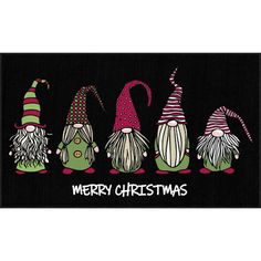 three gnomes with hats and the words merry christmas