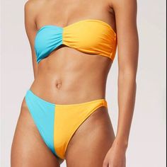 New With Tags Never Worn!! Selling Set Together Summer Yellow Color Block Swimwear, Yellow Color Block Swimwear, Yellow Color Block Swimwear For The Pool, Yellow Color Block Swimwear For Pool, Yellow Color Block Swimwear For Poolside, Yellow Color Block Swimwear For Swimming, Velvet Bottoms, Colorblock Swimsuit, Strapless Swimsuit