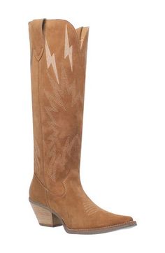 Tonal lightning-bolt stitching leaves the Western appeal of this knee-high boot thunderstruck. The stacked Cuban heel and snip toe are pure honky-tonk. 2 1/2" heel 16" shaft Cushioned footbed with arch support Leather upper/textile lining/synthetic sole Imported Knee High Western Boots, Cuban Heels, Cowboy Boots Women, Rollerball Perfume, Fabric Gift Bags, Black Fits, Western Boots, Boot Shoes Women, Knee High Boots