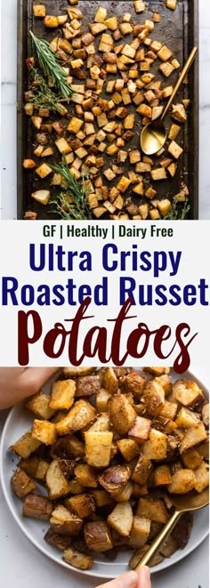 the recipe for roasted roast potatoes is shown in three different pictures with text overlay