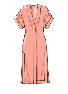 a drawing of a pink dress with pockets on the front and side, showing an open neck