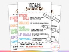 two posters with the words team survival kit and some other things to write on them