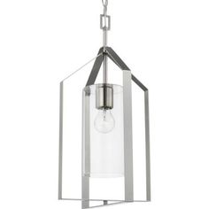 a chrome and glass pendant light fixture with an open square frame, hanging from the ceiling