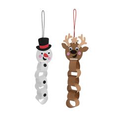 two christmas ornaments hanging from strings on a white background, one has a snowman and the other is a reindeer