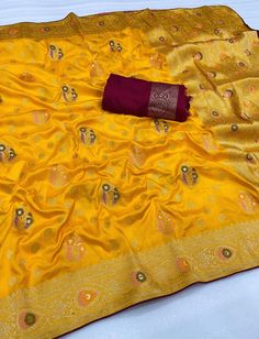 Dola Silk Sarees with beautiful gold Zari weaving with fancy Colors minakari, Indian saree, festival saree, traditional saree, Silk Saree... Yellow Designer Saree For Diwali, Designer Yellow Saree With Zari Work, Designer Yellow Art Silk Saree, Designer Yellow Saree With Pallu, Designer Yellow Saree With Zari Weaving, Unstitched Yellow Saree With Zari Work, Yellow Dola Silk Blouse Piece For Puja, Yellow Dola Silk Traditional Wear With Pallu, Yellow Traditional Wear With Pallu In Dola Silk