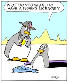 a penguin with a hat is looking at another penguin that has a fish in it's mouth