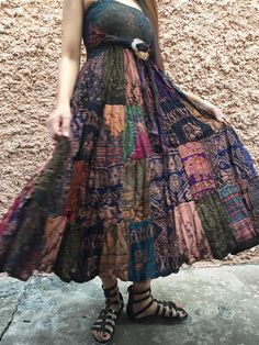 Hippie Patchwork maxi Skirt Dress Festival Boho handmade Colorful Boho Dress, Patchwork Dress Aesthetic, Patchwork Flowy Skirt, Unrealistic Clothes, Hippie Fashion Aesthetic, Patchwork Skirt Outfit, Cottage Outfits, Patchwork Dress Pattern, Patchwork Maxi Skirt