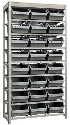 a large metal shelving unit with many bins