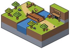 the pixel art shows an outdoor area with trees and benches