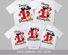 three mickey mouse onesuits with the number one on them, and an image of minnie