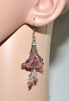 Gothic Fairy Earrings, Art Noveau, Gothic Elven, Iridescent, Crystal, Hand Painted, Lucite Flower, Filigree, Pink, Victorian, Bohemian - Etsy Mexico Artistic Pink Jewelry For Party, Artistic Pink Party Jewelry, Pink Bohemian Hand Painted Jewelry, Vintage Pink Flower Earrings For Party, Artistic Pink Flower Jewelry, Pink Whimsical Flower Earrings For Pierced Ears, Whimsical Pink Flower Earrings For Pierced Ears, Pink Whimsical Pierced Earrings, Pink Bohemian Flower Earrings For Pierced Ears