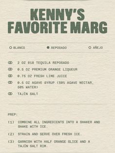 the menu for kenny's favorite marg is shown in green and white