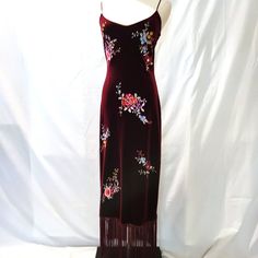 Originally Purchased At The Betsey Johnson Store At The Galleria Mall In Dallas, Tx In The 1990's. Part Of The Betsey Johnson Evening Collection The Dress Is Embroidered Stretch Velvet In A Deep Merlot Wine Color. The Dress Has Adjustable Straps For A Custom Fit And The Bottom Is Trimmed In Matching Fringe. Perfect For A Formal Event Or A Night Out. The Dress Is In Almost Mint Condition With Only The Fabric Tag Missing. Measurements In Inches: Bust 32 Waist 28 Hips 36 Length 36 Without Fringe - Embroidered Velvet Dress, Galleria Mall, Merlot Wine, Vintage Betsey Johnson, Embroidered Velvet, Betsey Johnson Dresses, Body Conscious, Wine Color, Betsy Johnson