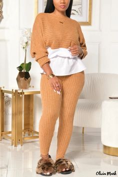 Olivia Mark - Womens Stylish Orange Patchwork O-Neck Long-Sleeve Two-Piece Casual Ensemble Fall White Crew Neck Sets, Fitted Crew Neck Set For Fall, Casual Brown Stretch Sets, Brown Stretch Casual Sets, Brown Long Sleeve Sets For Spring, Patchwork Fashion, Tie Dye Long Sleeve, Orange Fashion, Casual Sets