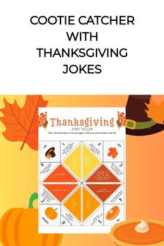 Thanksgiving-themed cootie catcher with jokes, surrounded by autumn leaves and pumpkins.