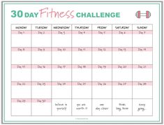 the 30 day fitness challenge is shown in this printable calendar for adults and children