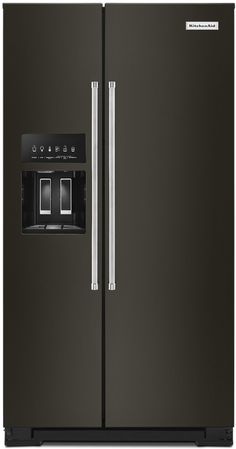 the side by side refrigerator is black with stainless steel handles and two doors on both sides