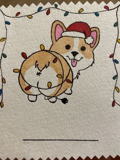 a drawing of a corgi dog with a santa hat on it's head